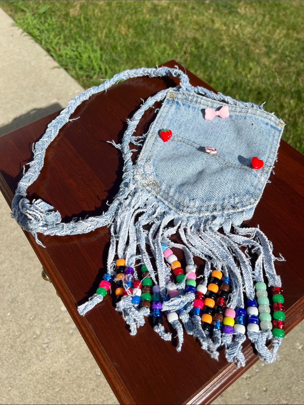 Vintage Jean Pocket Shoulder Crossbody Bag Beaded Fringe Charms Fits IPhone